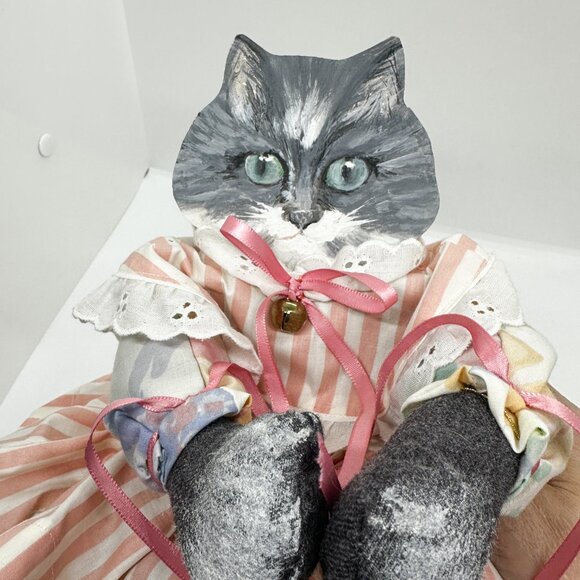 SOLD Vintage Cat Doll Handmade Hand Painted Wood Fabric Lace Art Candy Stripe - Picture 3 of 6